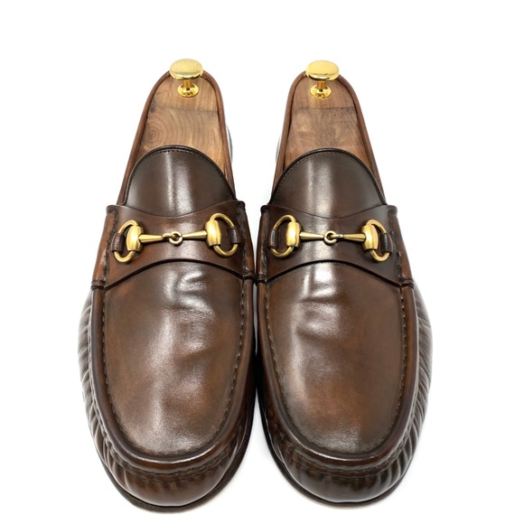 GUCCI 1953 Smoke Brown Leather Gold Bit Loafers - Picture 2 of 8
